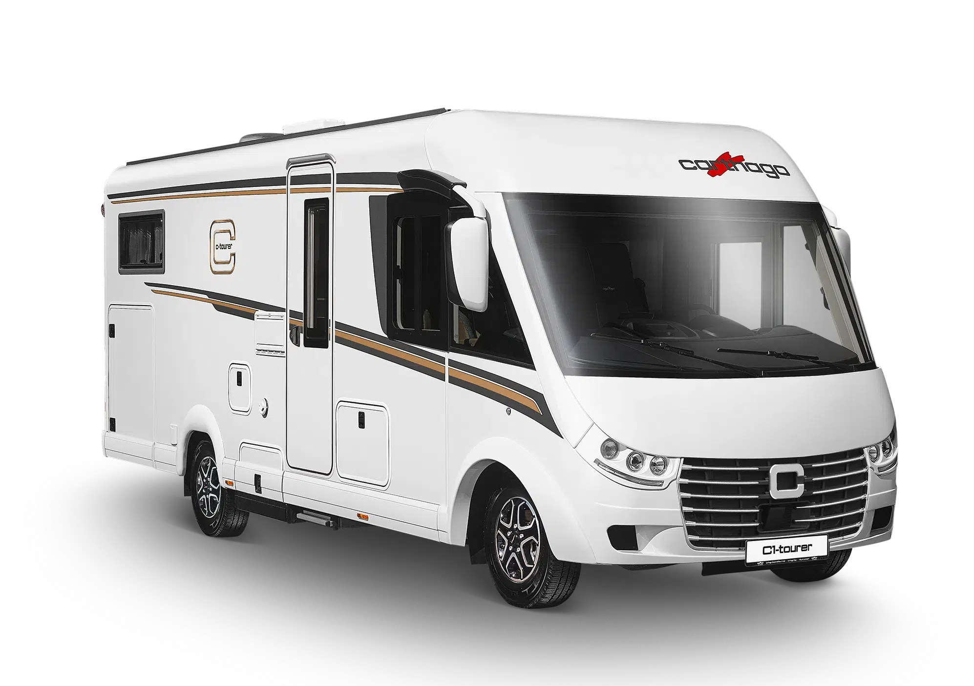 Carthago C1-tourer, vollintegriertes Wohnmobil in Weiß, Schrägansicht von vorne