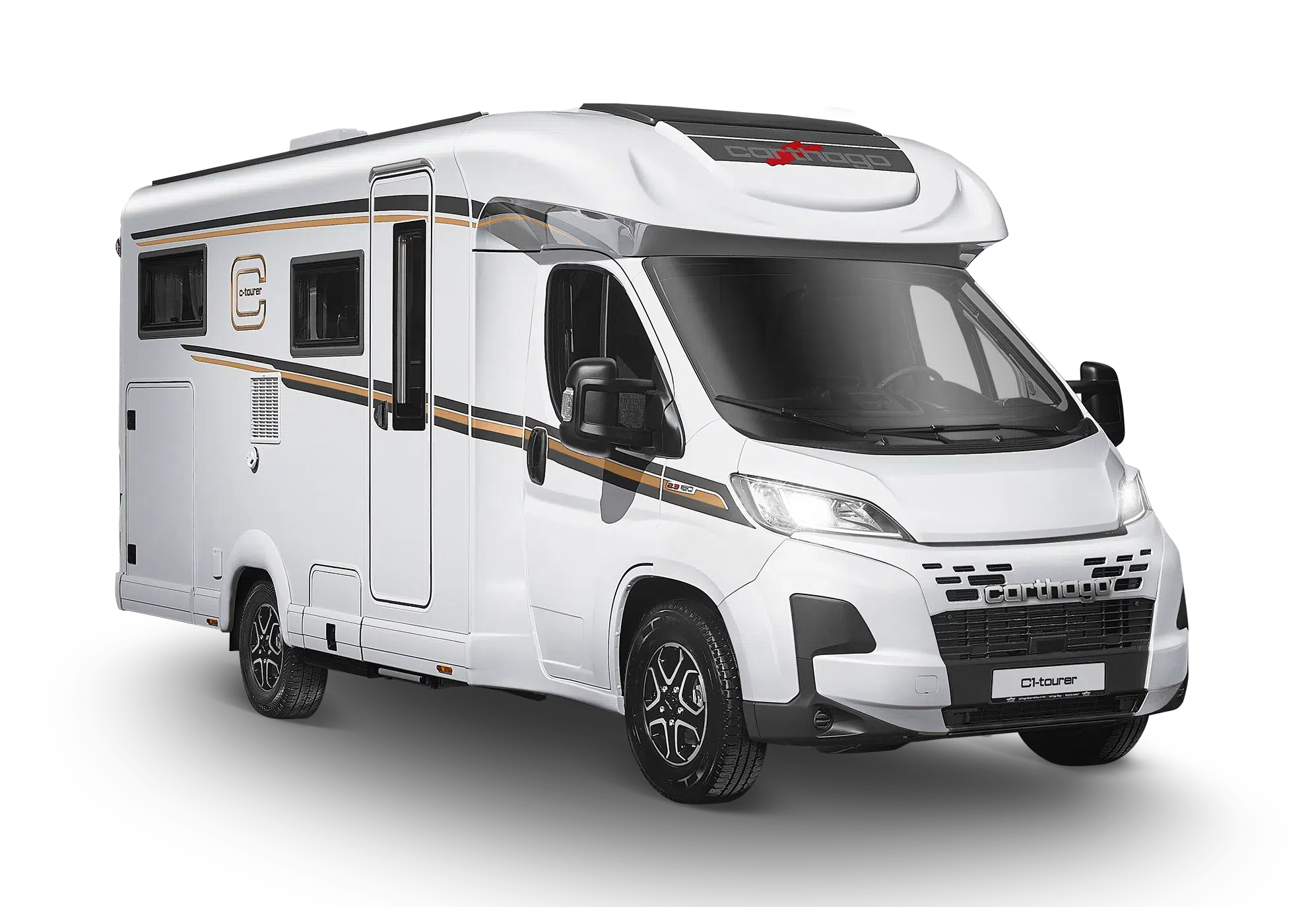 Carthago C1-tourer T, teilintegriertes Wohnmobil in Weiß, Schrägansicht von vorne